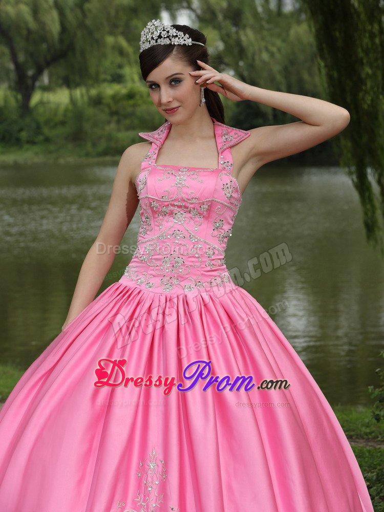 Halter Taffeta Beaded Quinceanera Gown in Rose Pink Lace-up Back