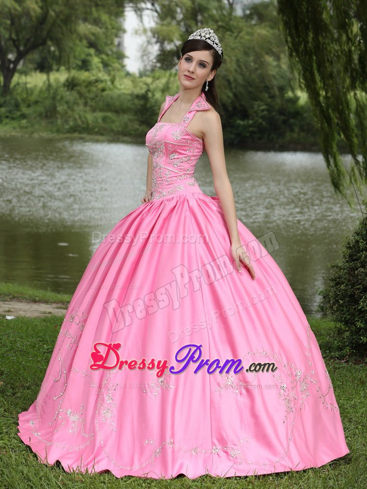 Halter Taffeta Beaded Quinceanera Gown in Rose Pink Lace-up Back