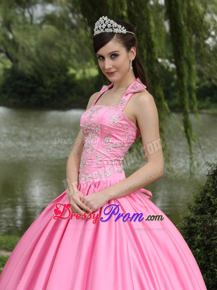 Halter Taffeta Beaded Quinceanera Gown in Rose Pink Lace-up Back
