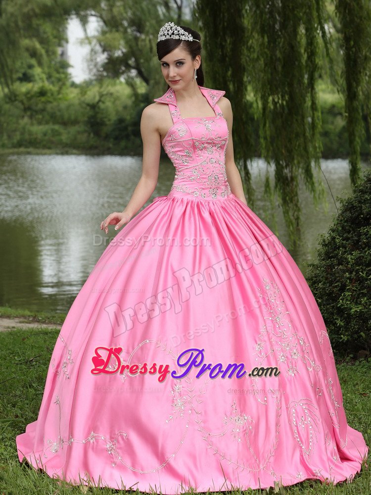 Halter Taffeta Beaded Quinceanera Gown in Rose Pink Lace-up Back