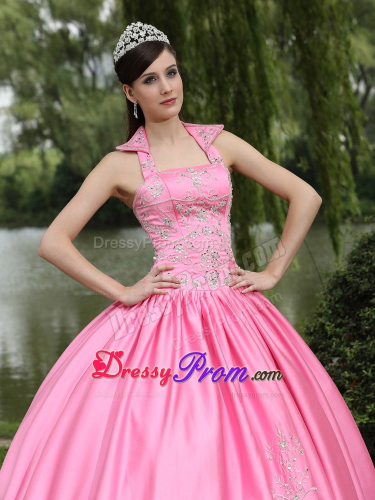 Halter Taffeta Beaded Quinceanera Gown in Rose Pink Lace-up Back