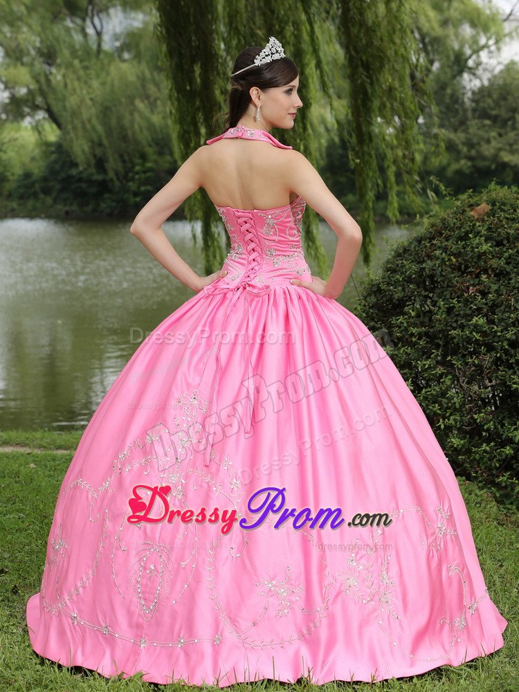Halter Taffeta Beaded Quinceanera Gown in Rose Pink Lace-up Back