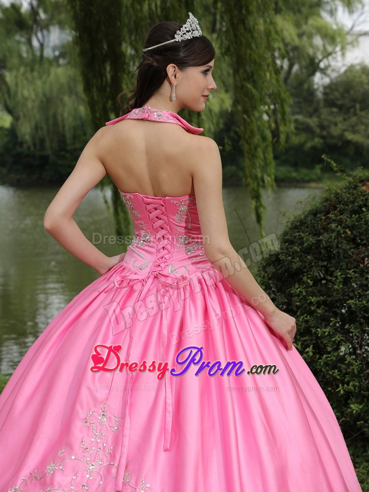 Halter Taffeta Beaded Quinceanera Gown in Rose Pink Lace-up Back