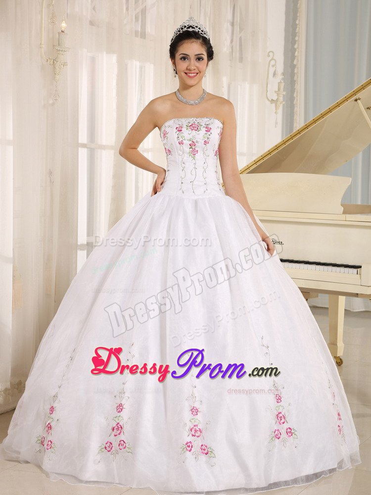 San Francisco CA Colorful Embroidery Accent White Quinceanera Gown