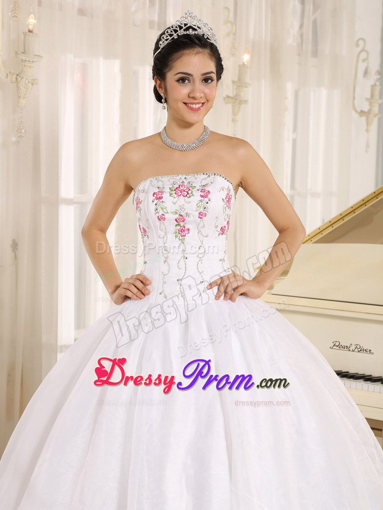 San Francisco CA Colorful Embroidery Accent White Quinceanera Gown