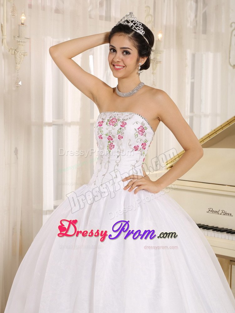 San Francisco CA Colorful Embroidery Accent White Quinceanera Gown