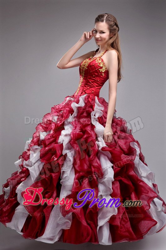 White and Black Halter Quinceanera Gown with Beading and Ruffles