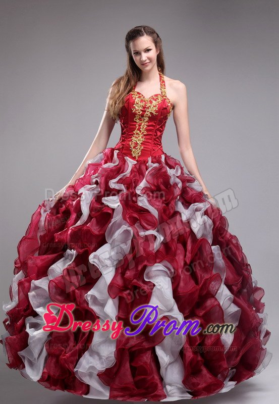 White and Black Halter Quinceanera Gown with Beading and Ruffles