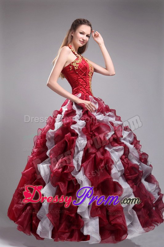 White and Black Halter Quinceanera Gown with Beading and Ruffles