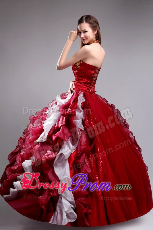 White and Black Halter Quinceanera Gown with Beading and Ruffles