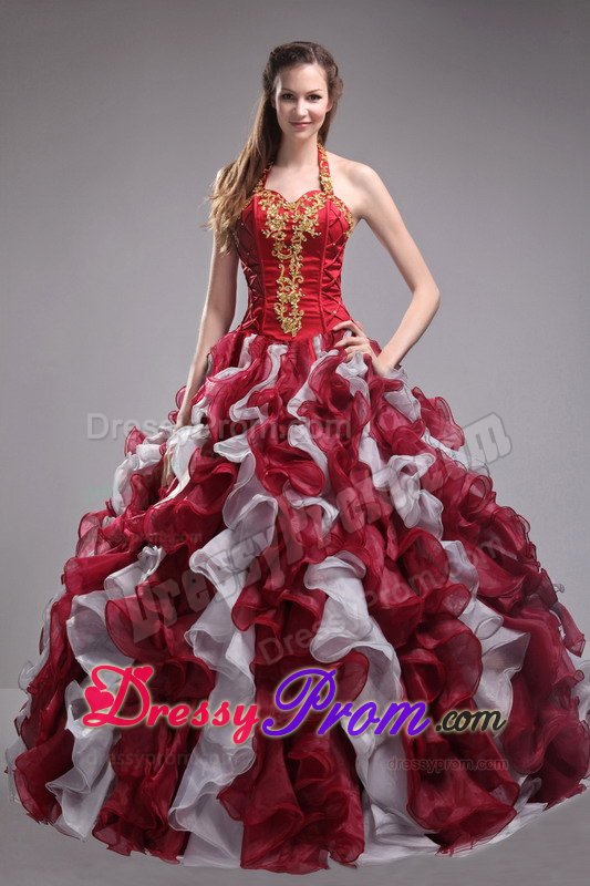 White and Black Halter Quinceanera Gown with Beading and Ruffles