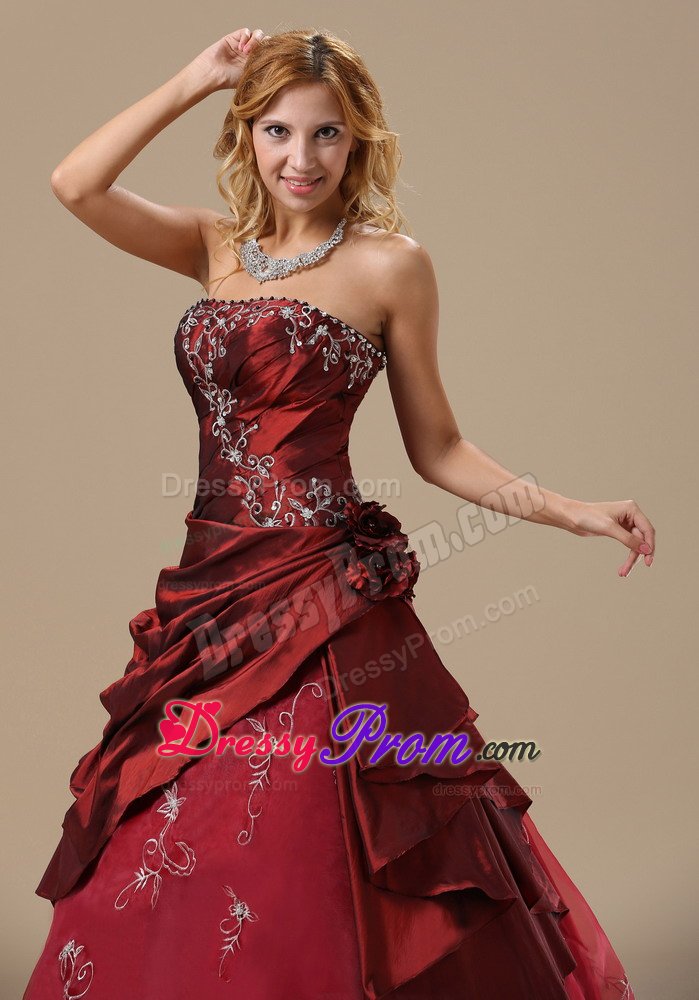 Wine Red Strapless Quinceanera Gown with Embroidery and Ruches
