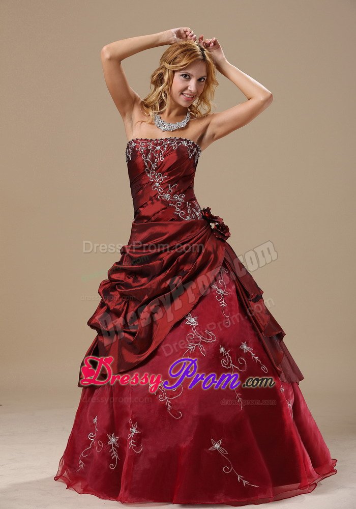 Wine Red Strapless Quinceanera Gown with Embroidery and Ruches