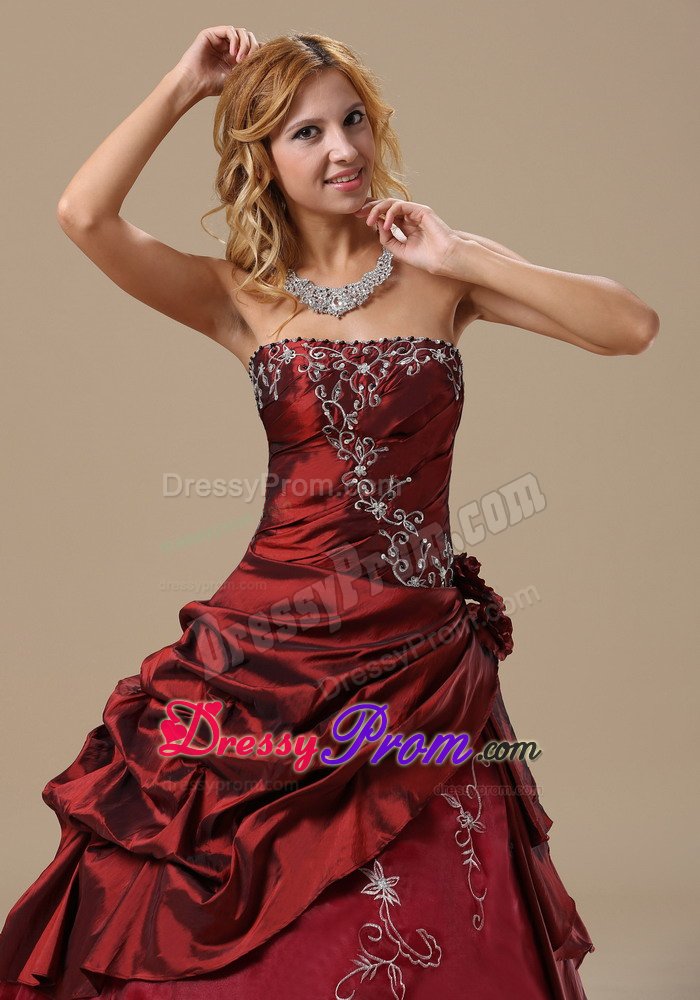 Wine Red Strapless Quinceanera Gown with Embroidery and Ruches