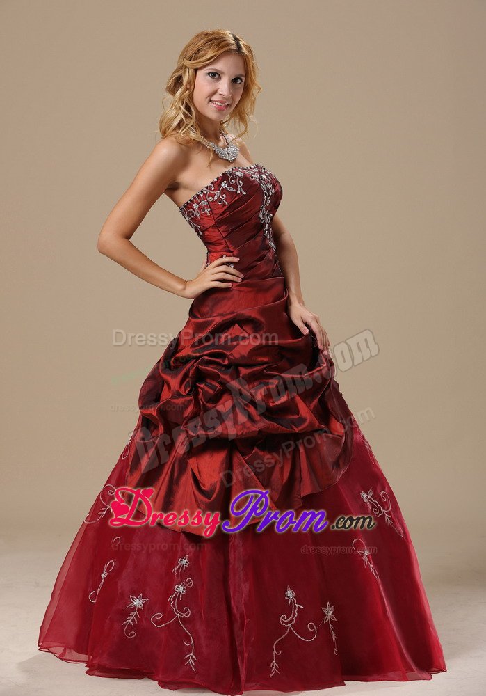 Wine Red Strapless Quinceanera Gown with Embroidery and Ruches