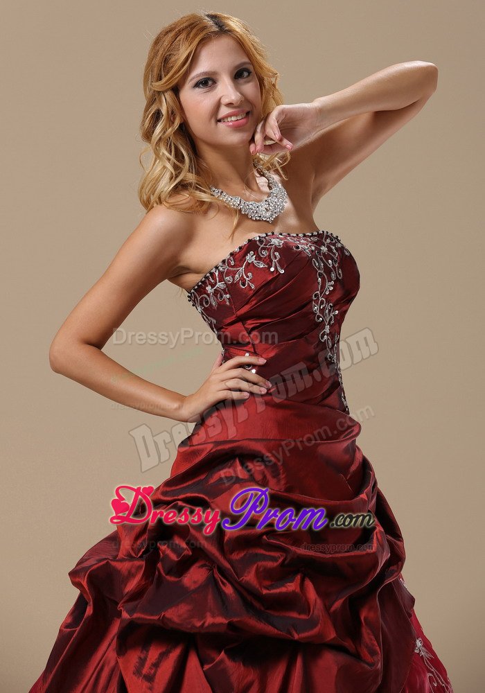 Wine Red Strapless Quinceanera Gown with Embroidery and Ruches