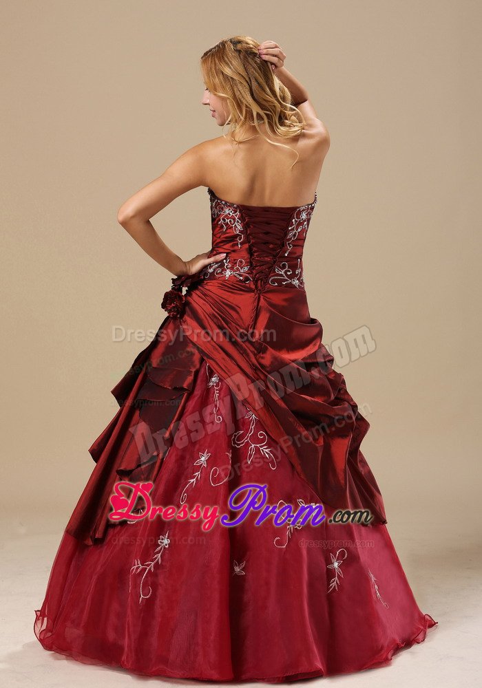 Wine Red Strapless Quinceanera Gown with Embroidery and Ruches