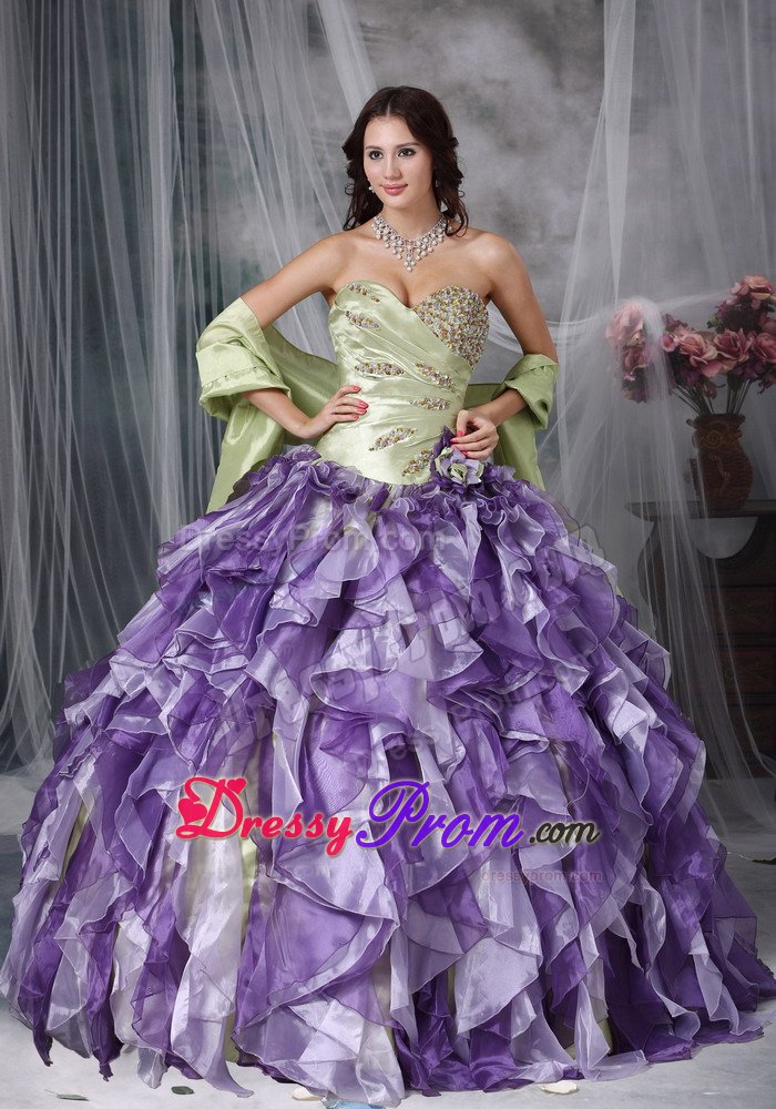 Yellow Green and Lavender Quinceanera Gown with Beading and Ruffles