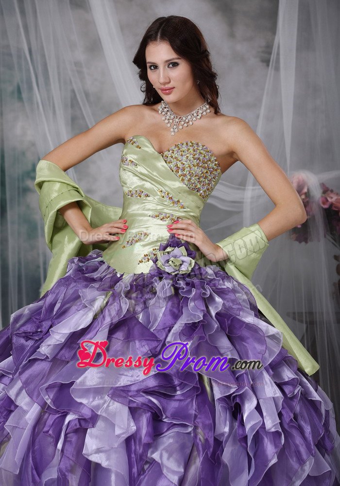 Yellow Green and Lavender Quinceanera Gown with Beading and Ruffles