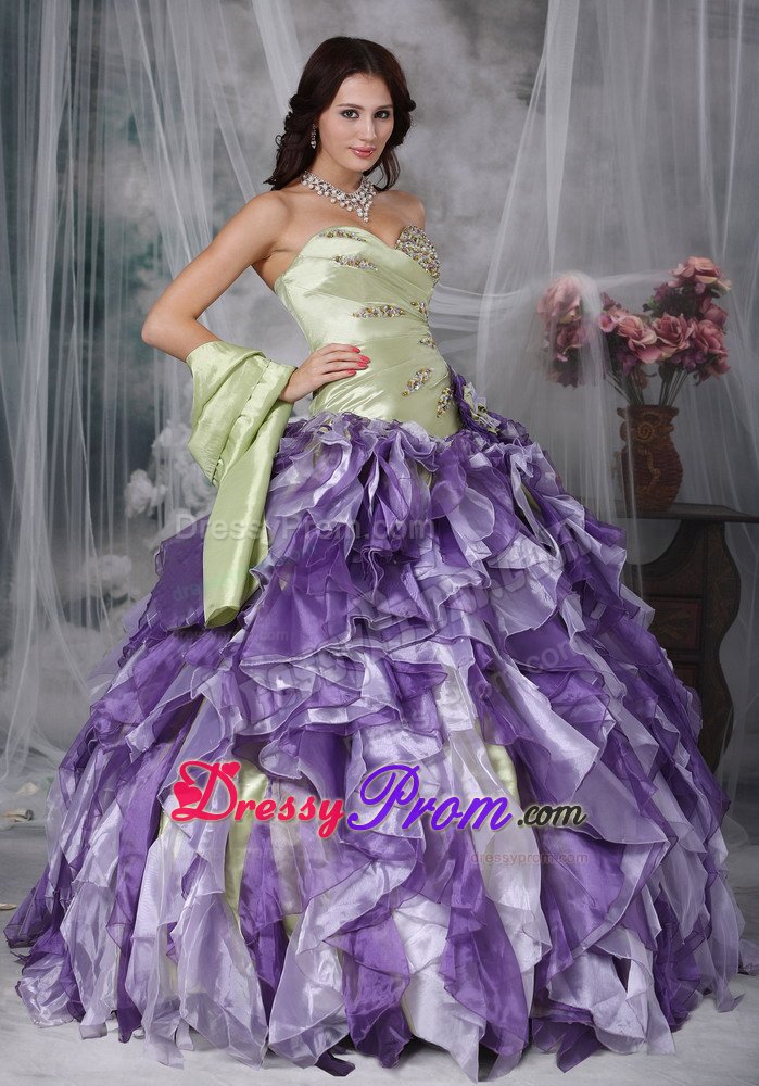 Yellow Green and Lavender Quinceanera Gown with Beading and Ruffles