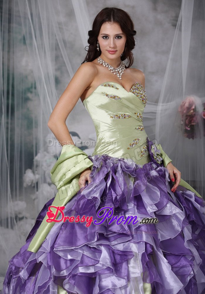 Yellow Green and Lavender Quinceanera Gown with Beading and Ruffles