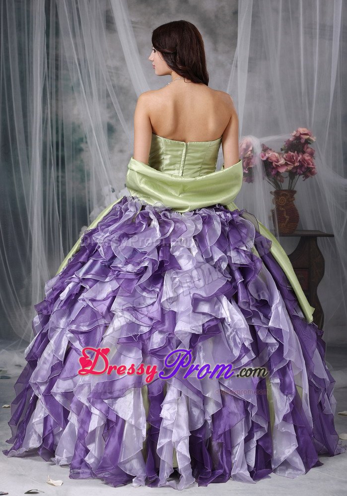 Yellow Green and Lavender Quinceanera Gown with Beading and Ruffles