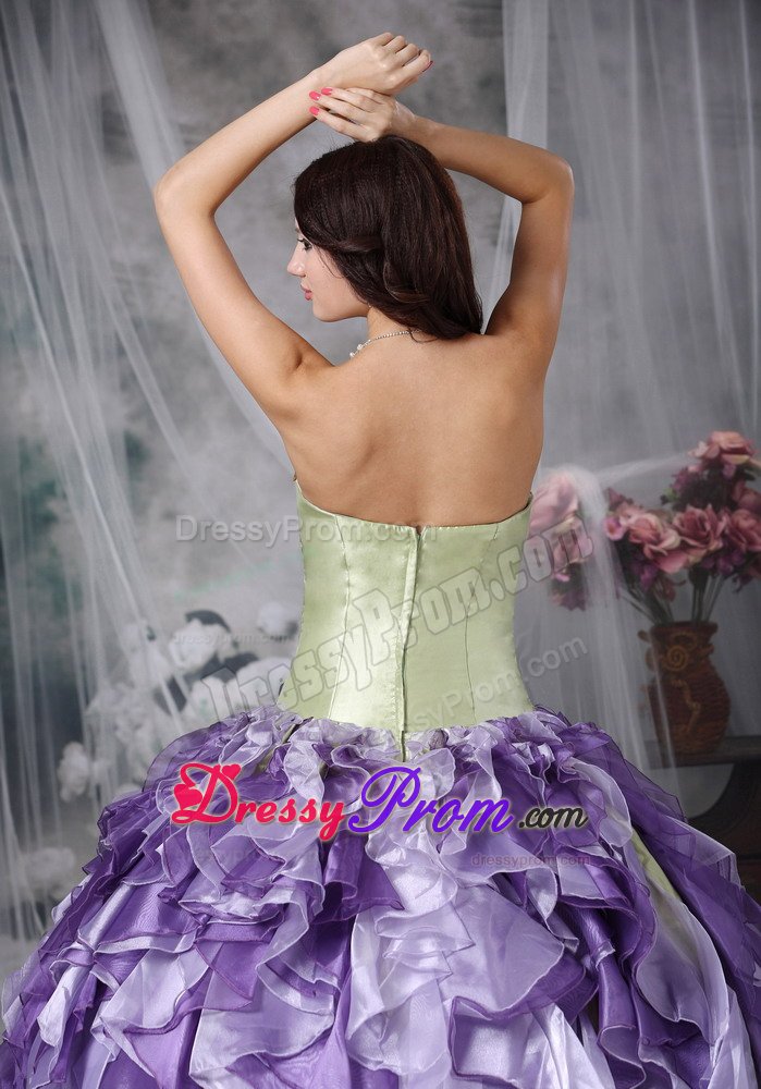 Yellow Green and Lavender Quinceanera Gown with Beading and Ruffles