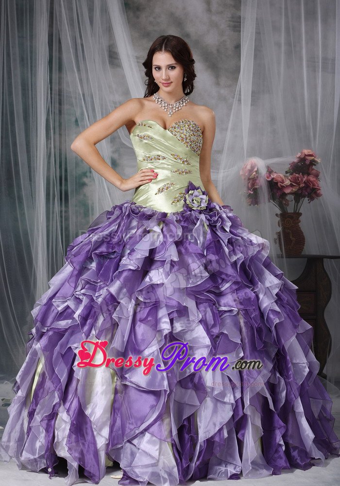 Yellow Green and Lavender Quinceanera Gown with Beading and Ruffles