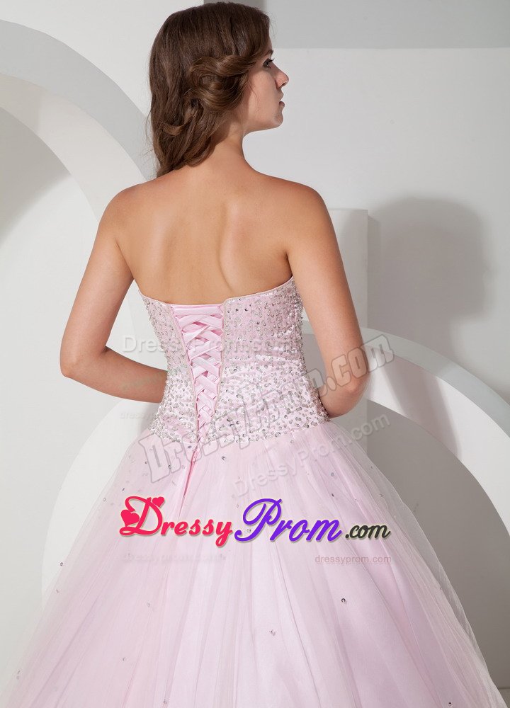 Sweetheart Beaded Bodice Tulle Quinceanera Gown in Baby Pink 2014