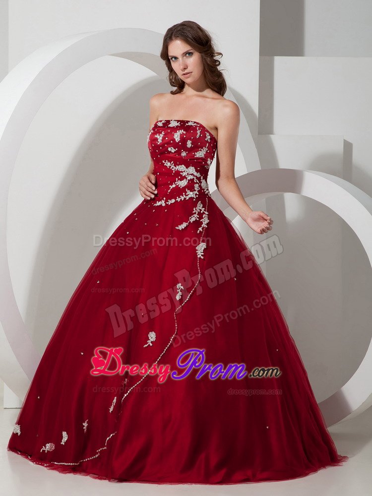Beaded and Appliqued Tulle Quinceanera Gown in Wine Red in Vogue