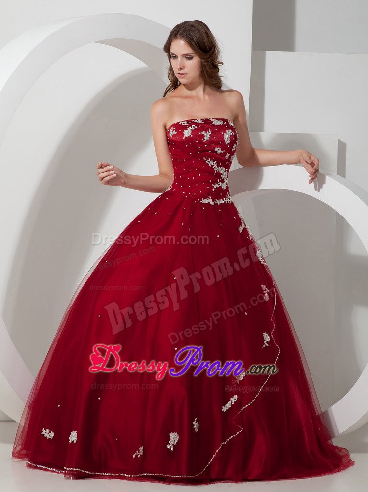 Beaded and Appliqued Tulle Quinceanera Gown in Wine Red in Vogue