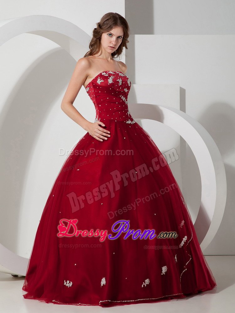 Beaded and Appliqued Tulle Quinceanera Gown in Wine Red in Vogue