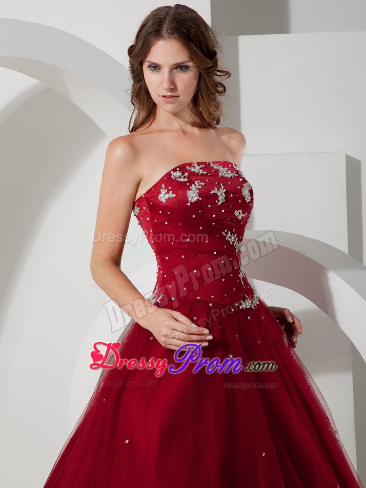 Beaded and Appliqued Tulle Quinceanera Gown in Wine Red in Vogue