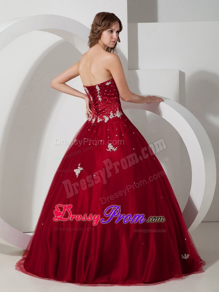 Beaded and Appliqued Tulle Quinceanera Gown in Wine Red in Vogue