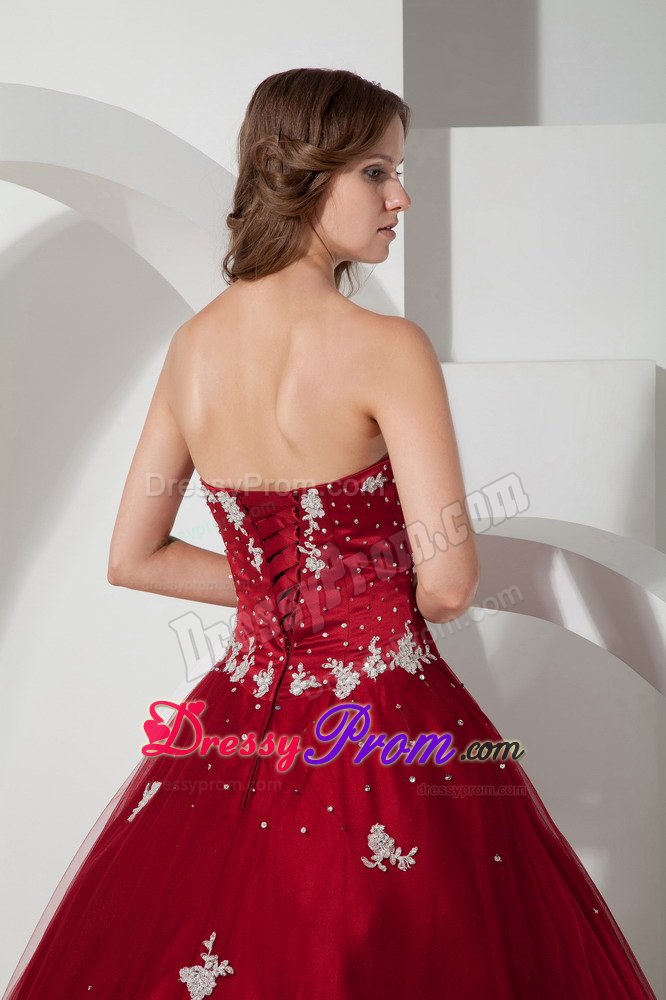 Beaded and Appliqued Tulle Quinceanera Gown in Wine Red in Vogue