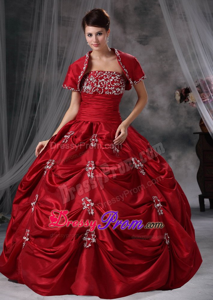 Beaded and Appliqued Wine Red Quinces Dresses with Pick ups 2014
