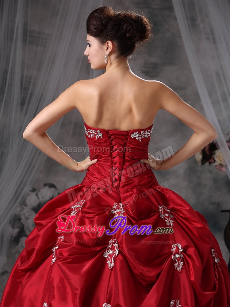 Beaded and Appliqued Wine Red Quinces Dresses with Pick ups 2014