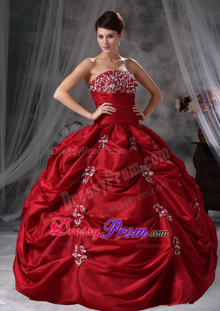 Beaded and Appliqued Wine Red Quinces Dresses with Pick ups 2014