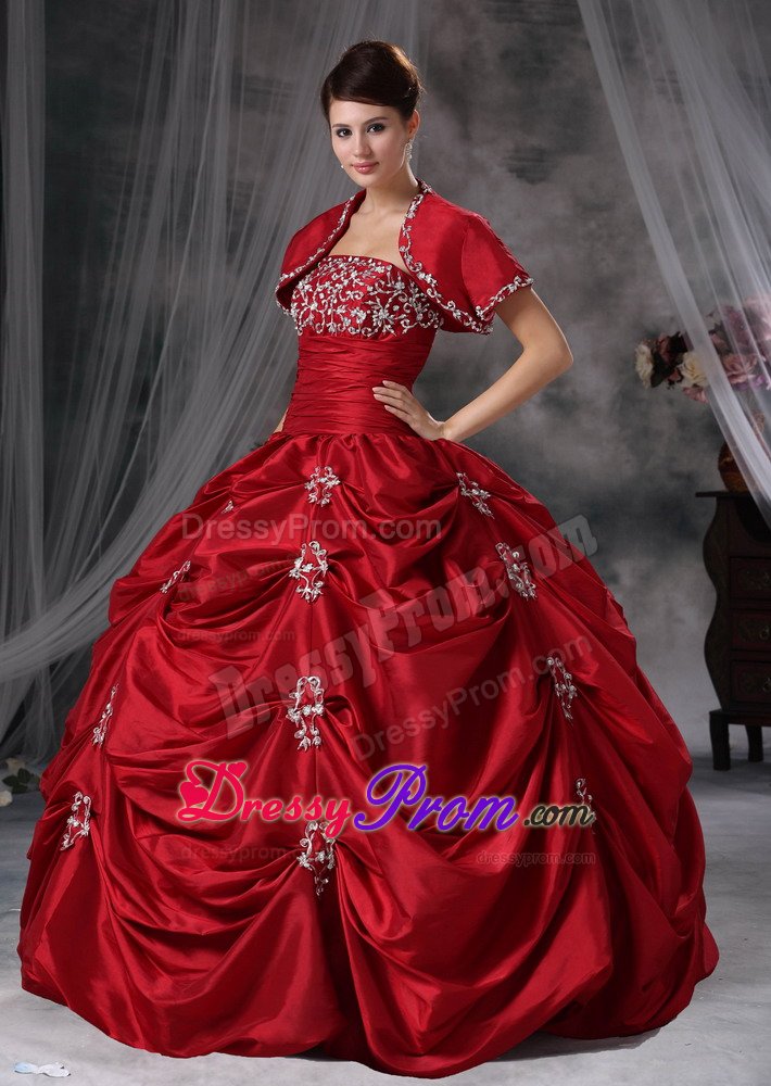 Beaded and Appliqued Wine Red Quinces Dresses with Pick ups 2014