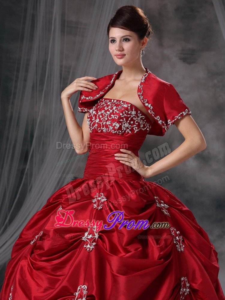 Beaded and Appliqued Wine Red Quinces Dresses with Pick ups 2014