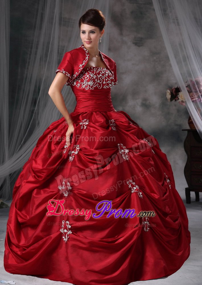Beaded and Appliqued Wine Red Quinces Dresses with Pick ups 2014