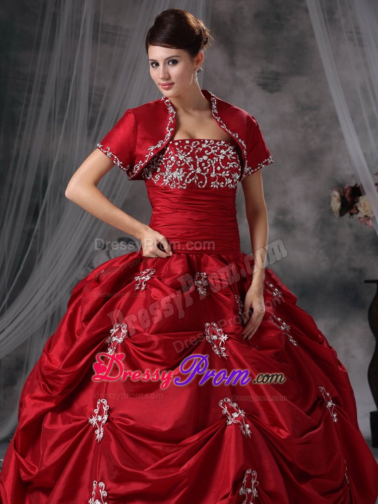 Beaded and Appliqued Wine Red Quinces Dresses with Pick ups 2014