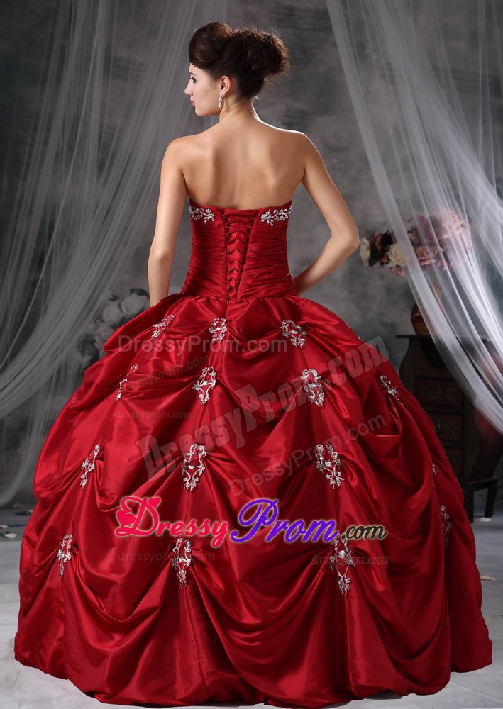 Beaded and Appliqued Wine Red Quinces Dresses with Pick ups 2014