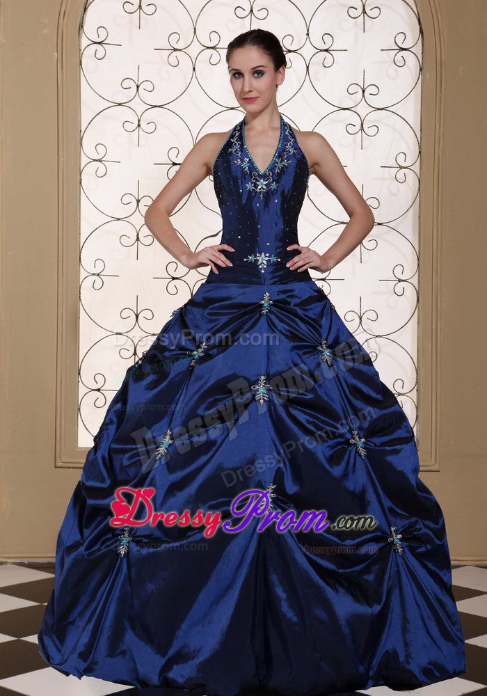Navy Blue Halter Quinces Dresses with Appliques and Pick ups