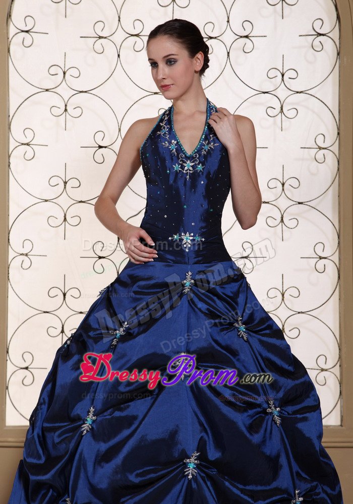 Navy Blue Halter Quinces Dresses with Appliques and Pick ups