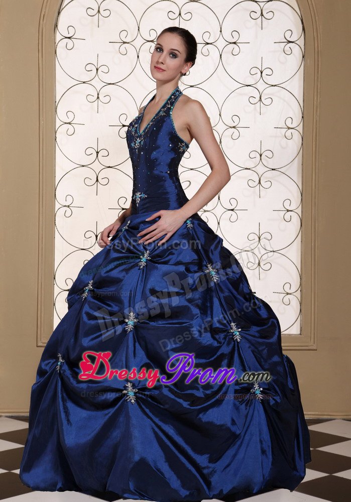 Navy Blue Halter Quinces Dresses with Appliques and Pick ups