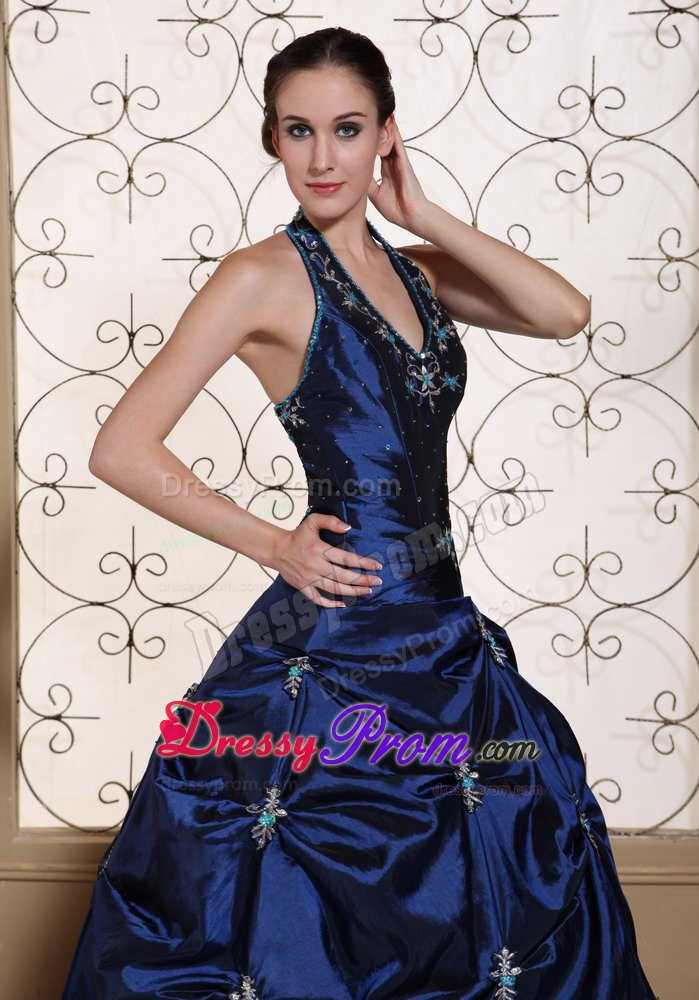 Navy Blue Halter Quinces Dresses with Appliques and Pick ups