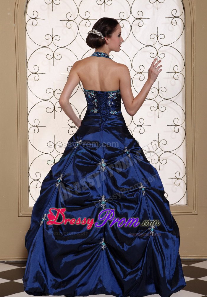 Navy Blue Halter Quinces Dresses with Appliques and Pick ups
