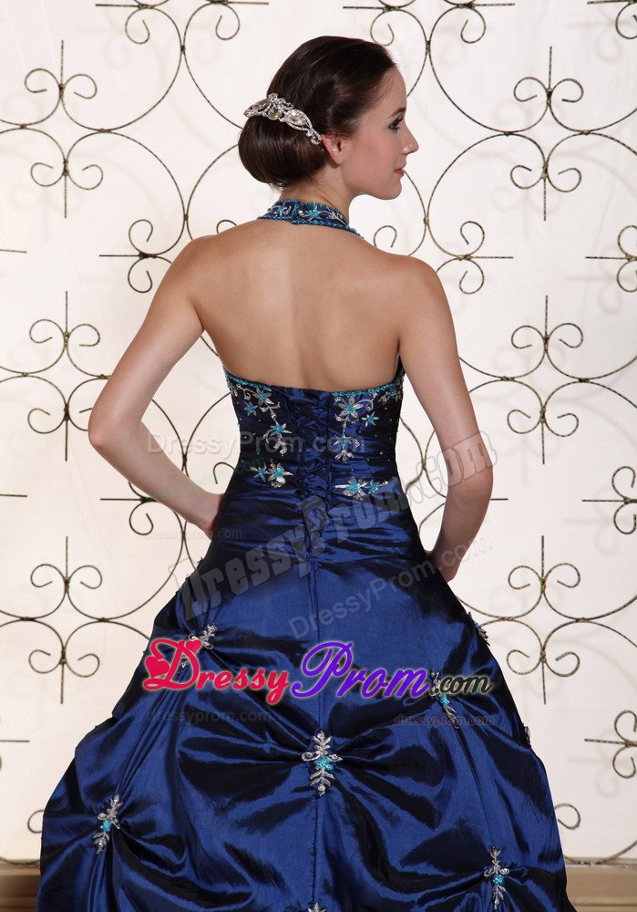 Navy Blue Halter Quinces Dresses with Appliques and Pick ups