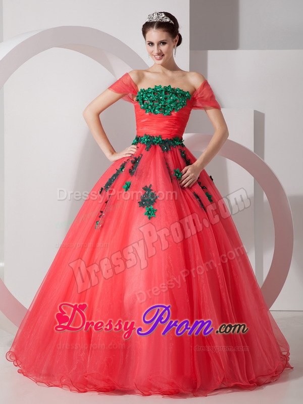 Appliqued Off Shoulder Organza Quinces Dresses in Coral Red 2014
